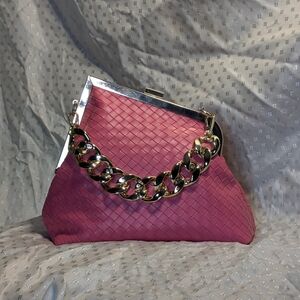 Chic Pink Woven Clutch with Gold Chain
